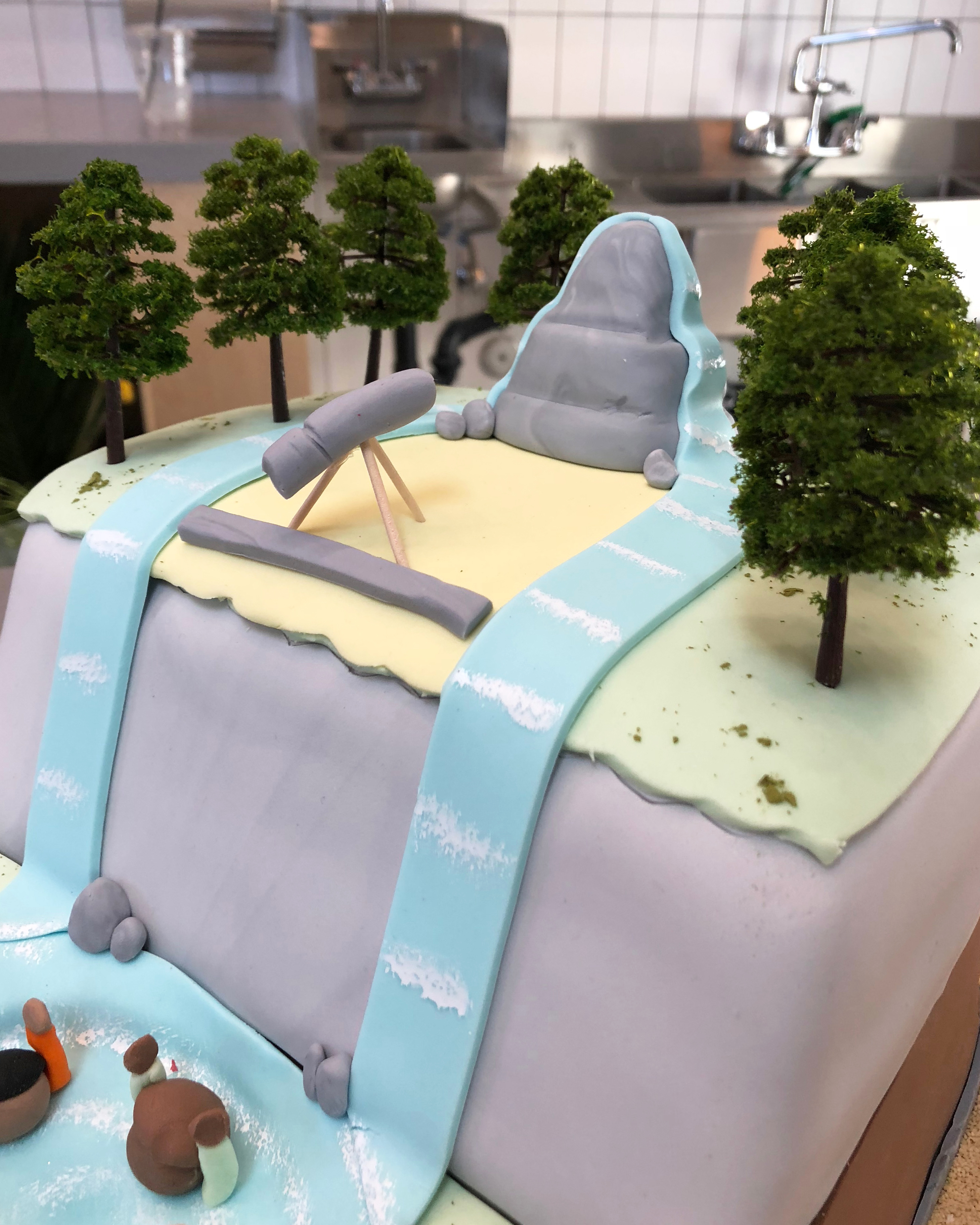 Detail of the cake showing a telescope surrounded by trees and rock with gushing water